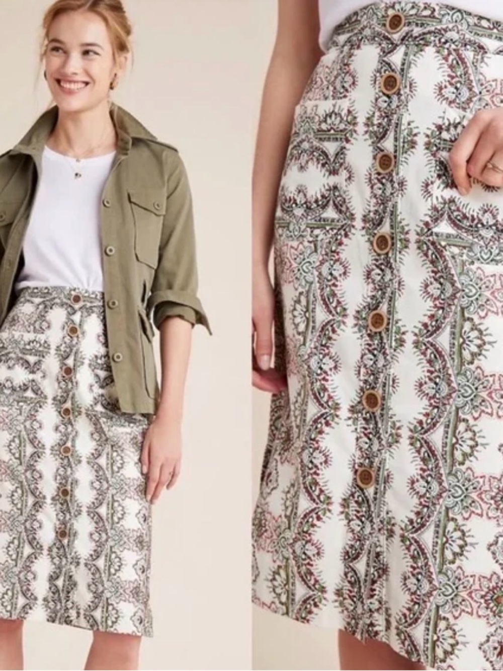 ANTHROPOLOGIE Maeve White Midi Skirt with Print Button Detail US 16 Gently Used